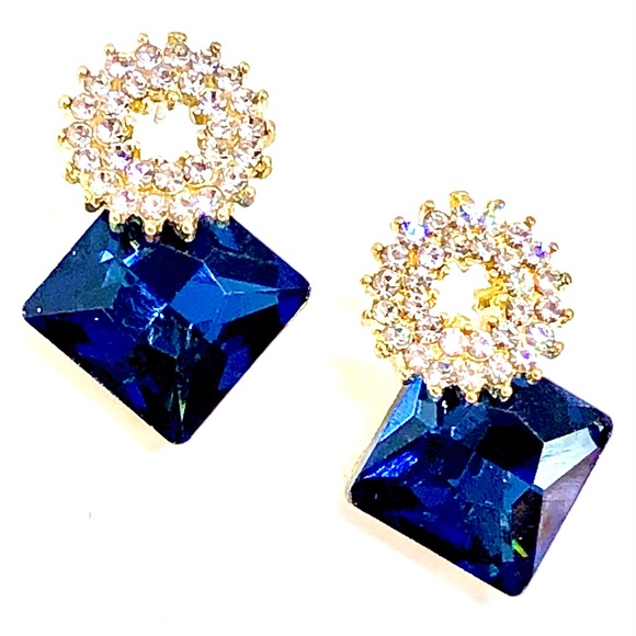 Blue Glass Gem Rhombus White Rhinestone Circle Stud Statement Earrings Christmas - Picture 2 of 3